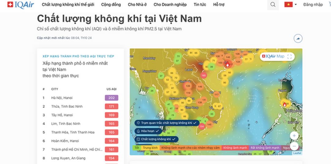 Hà Nội và TP. HCM ô nhiễm không khí đầu bảng thế giới